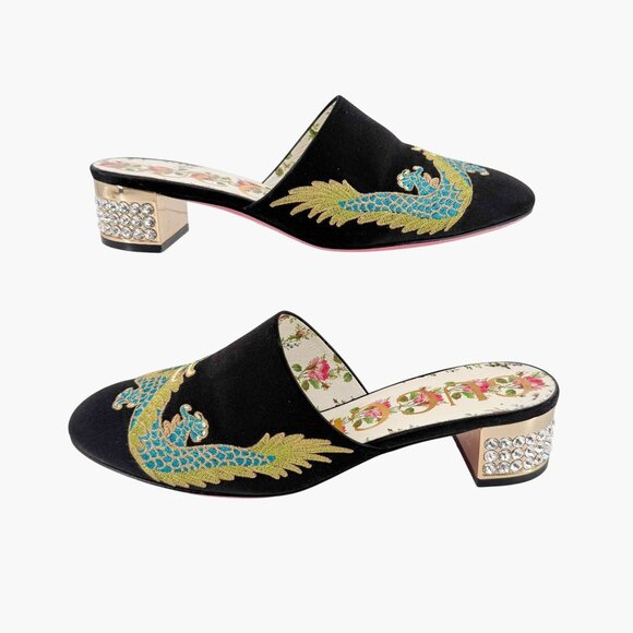 Gucci Dragon Embroidered Candy Mules EU 37 US 7 Black Satin Crystal Block Heel - Picture 8 of 15